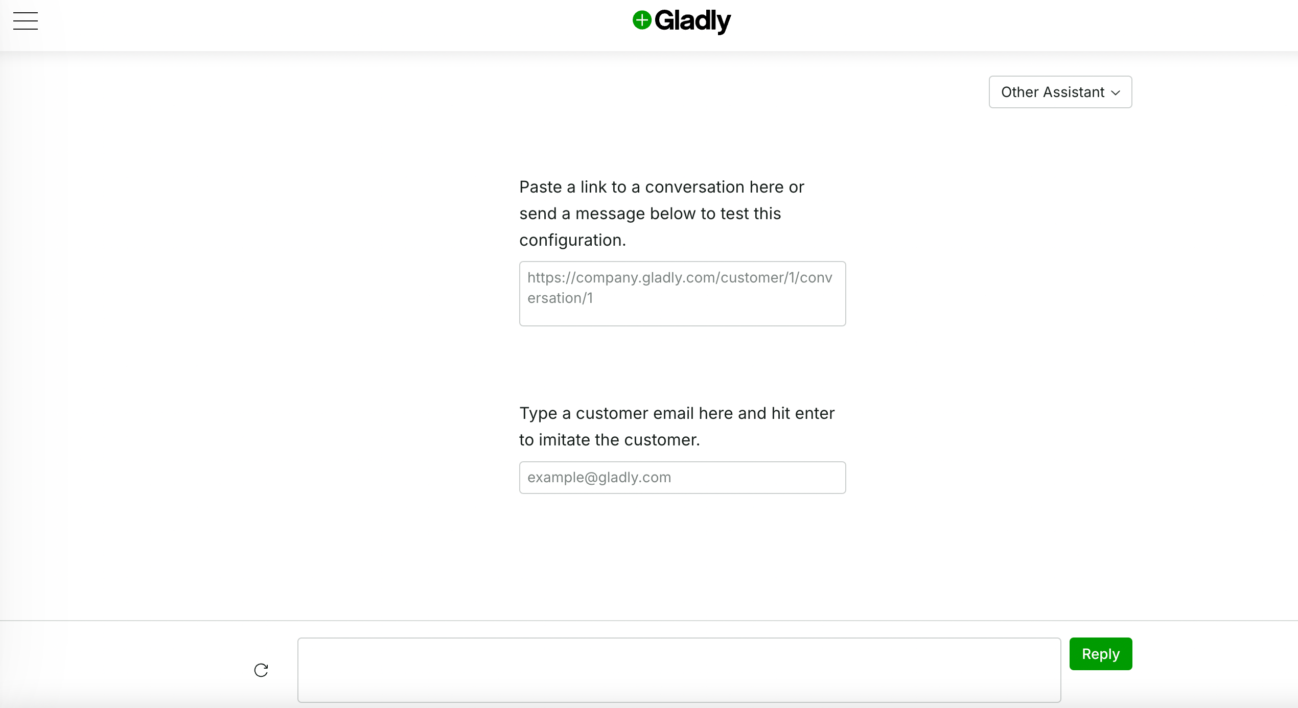 Input fields for customer conversation link and email in Gladly interface.