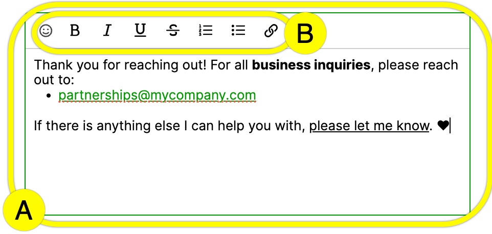 Email template highlighting business inquiries and contact information for partnerships.