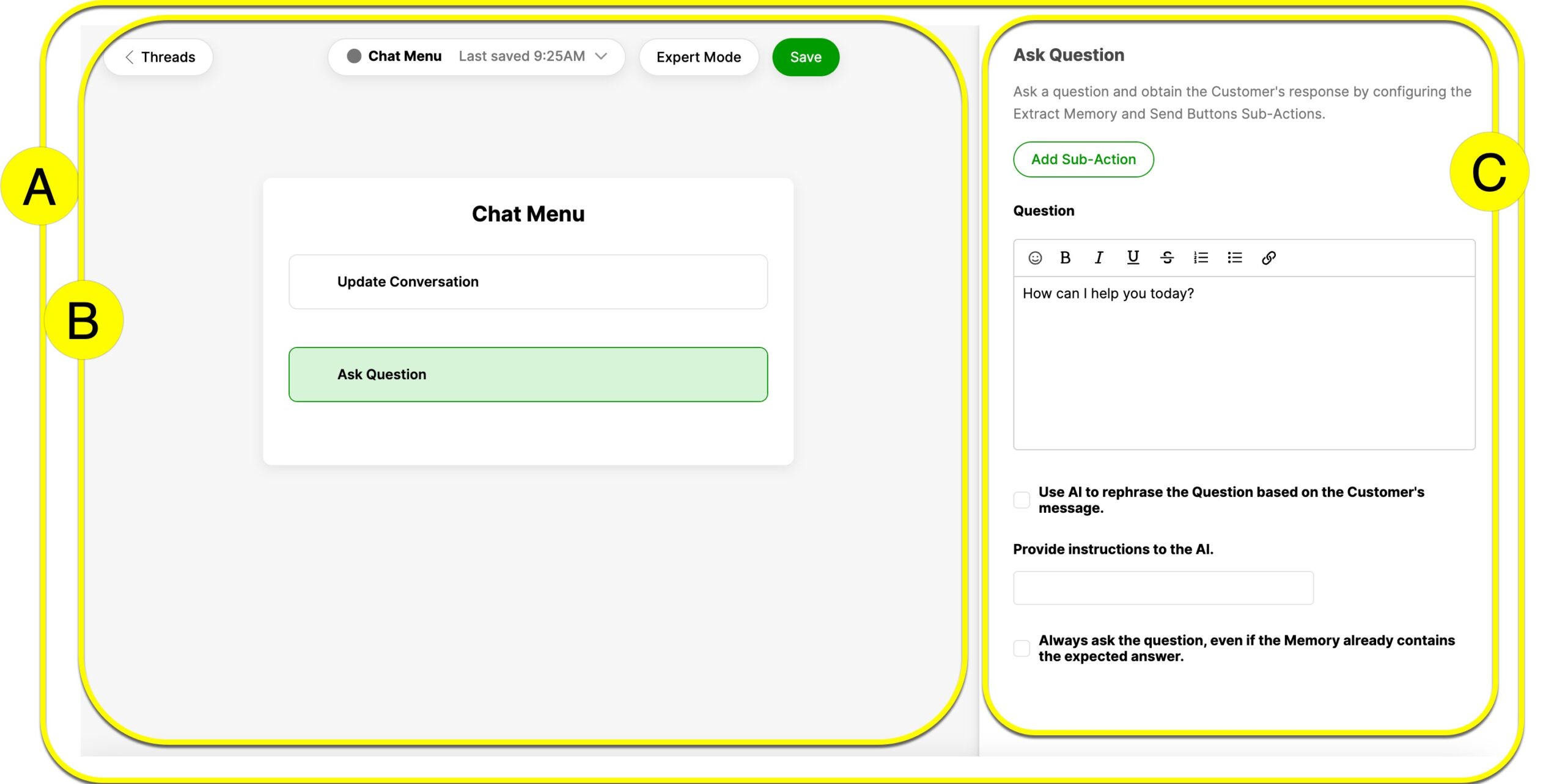 User interface showing chat options and a question input field for customer interaction.