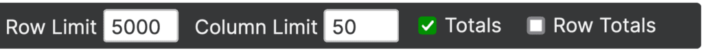 Display of row and column limits with options for totals in a data table interface.