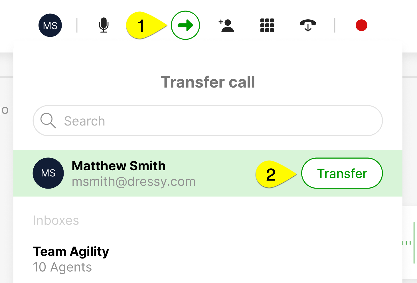 Interface showing call transfer options with highlighted user and transfer button.