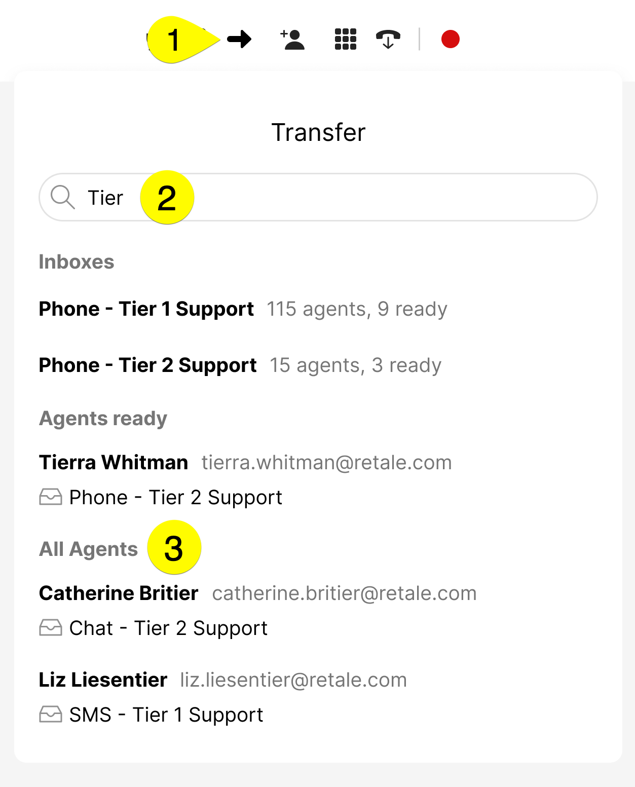 Transfer interface showing agent availability and search for support tiers.