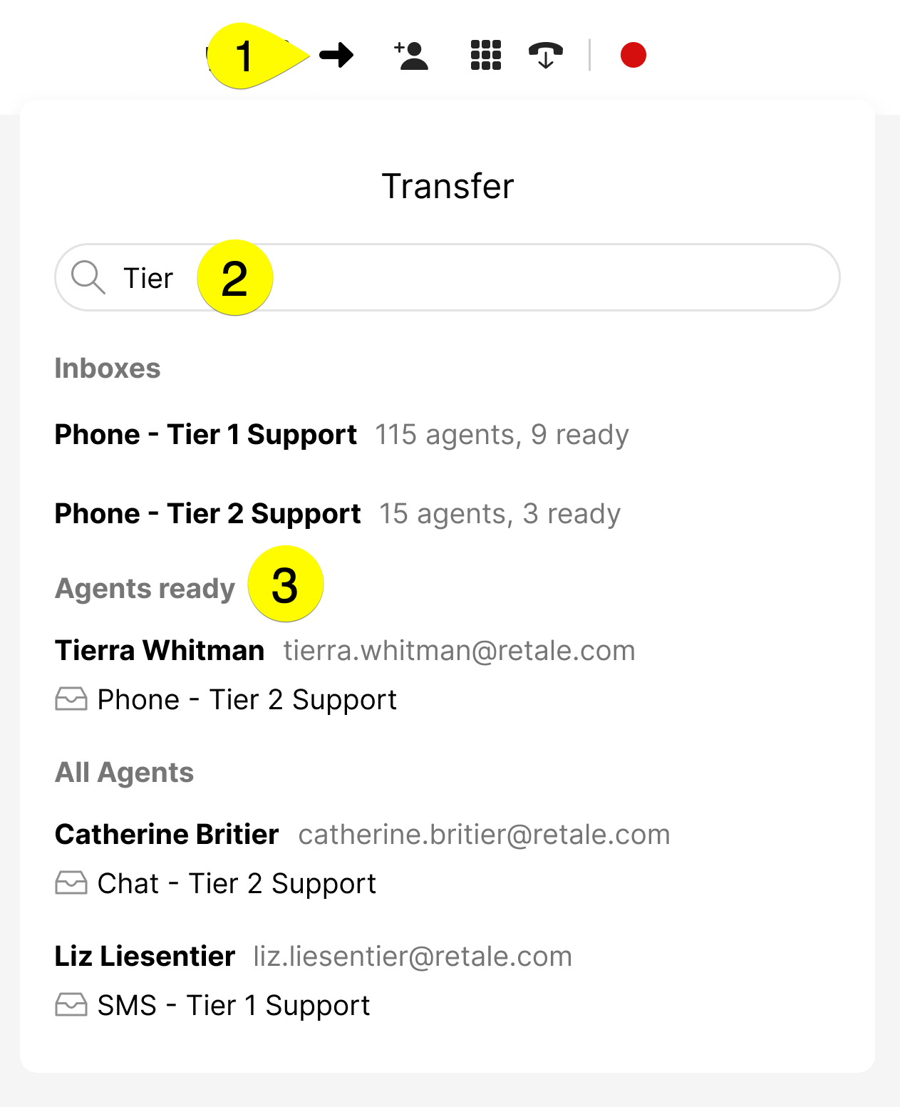 Transfer interface showing agent availability and support tiers for customer service.