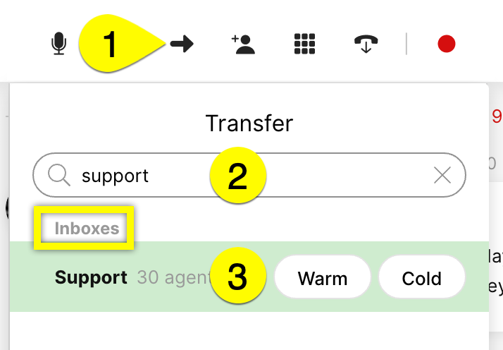 Transfer interface showing search for support and inboxes with agent status.