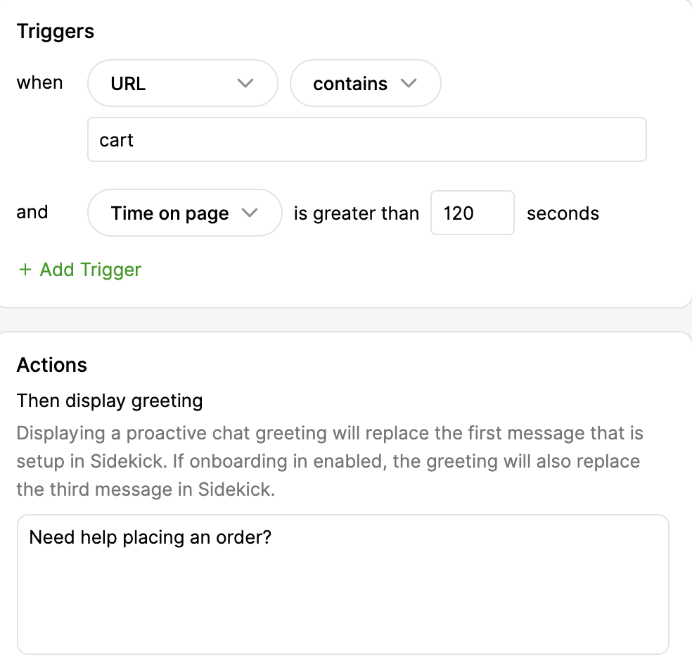 Triggers and actions for displaying a chat greeting on a cart page.