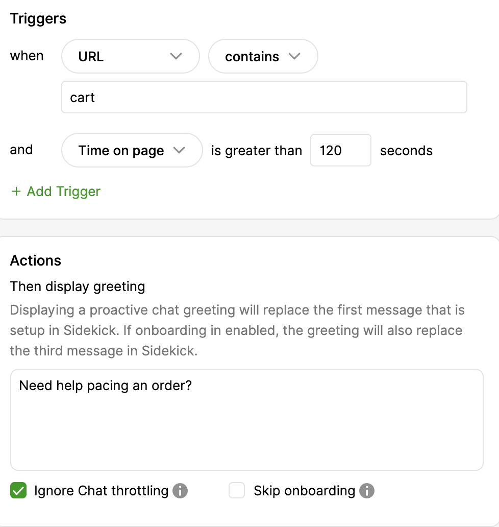 Triggers and actions for displaying a proactive chat greeting on a webpage.