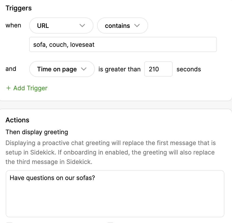 Triggers and actions for displaying a chat greeting about sofas on a webpage.