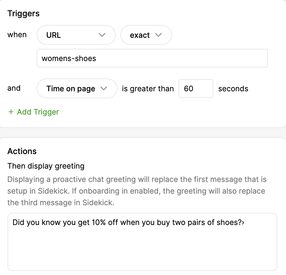 Triggers and actions for displaying a chat greeting on a women's shoes webpage.