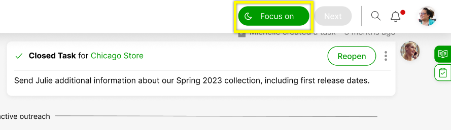 Task management interface showing a closed task and a focus button for actions.