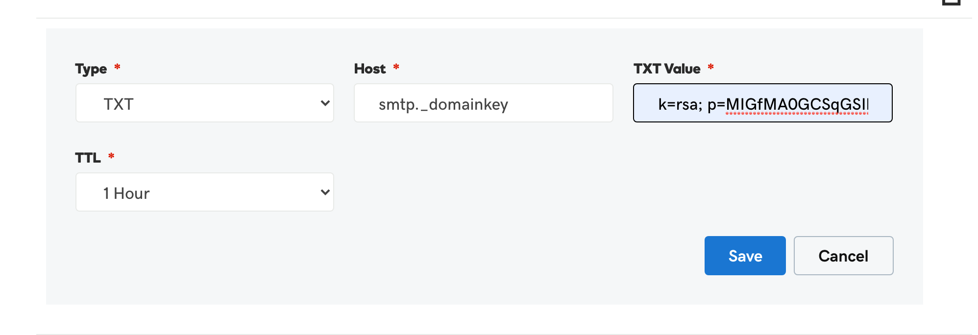 Form fields for adding a TXT record with host and value details displayed.