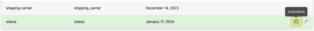 Shipping carrier and status details with unarchive option highlighted for user action.