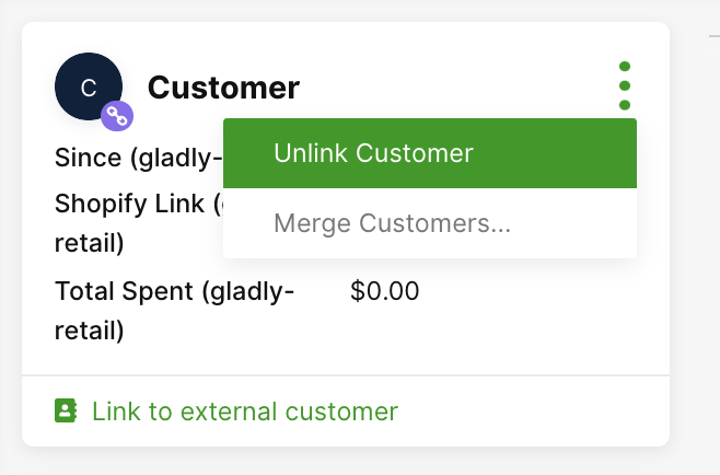 Customer details with options to unlink or merge customers displayed in a user interface.