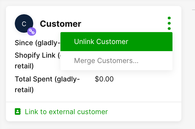 Customer details with options to unlink or merge customers displayed on the interface.