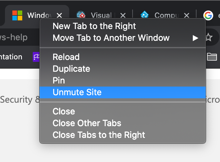 Dropdown menu showing options including 'Unmute Site' for browser tabs.