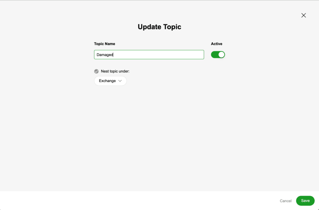 Interface for updating a topic named 'Damaged' with active status and nesting options.