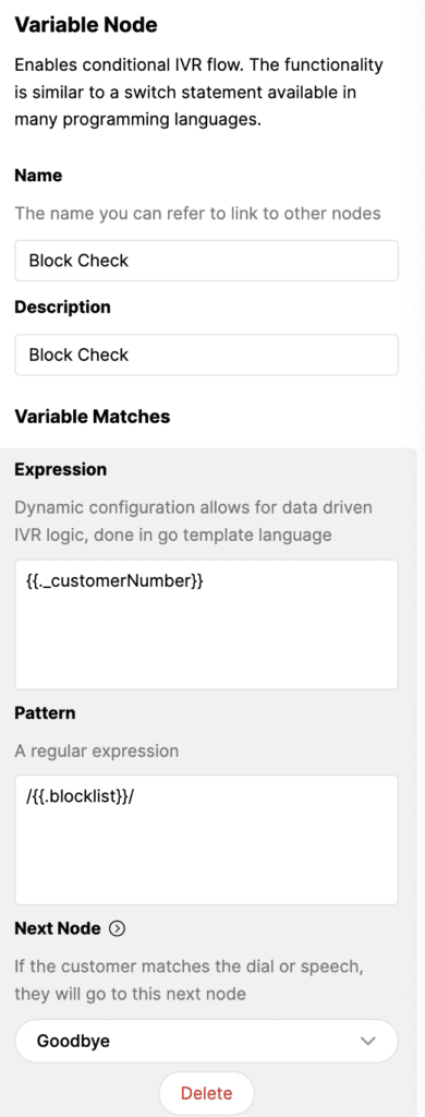 Variable node configuration for IVR flow with expressions and next node options.