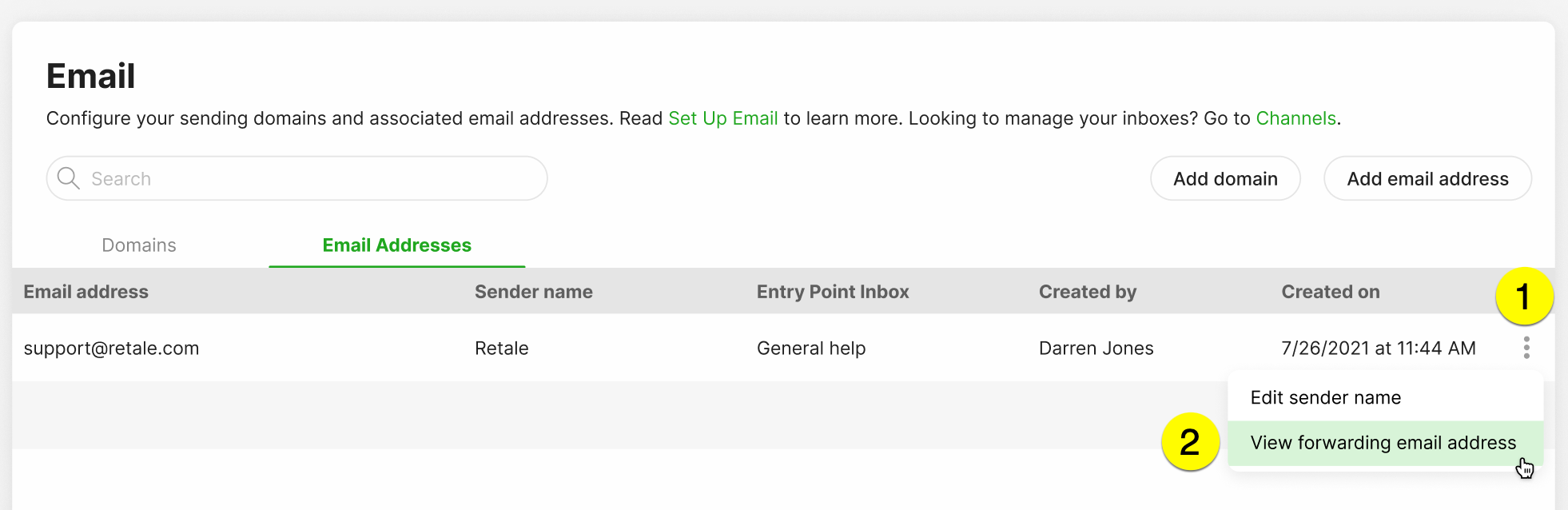 Email configuration interface showing sender details and options for editing email addresses.