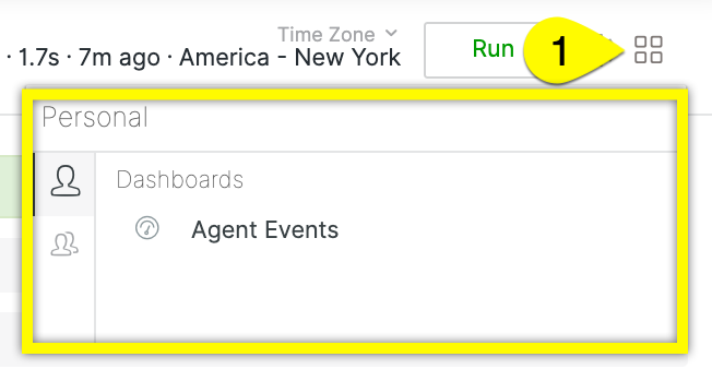 User interface showing personal dashboards with highlighted agent events section.