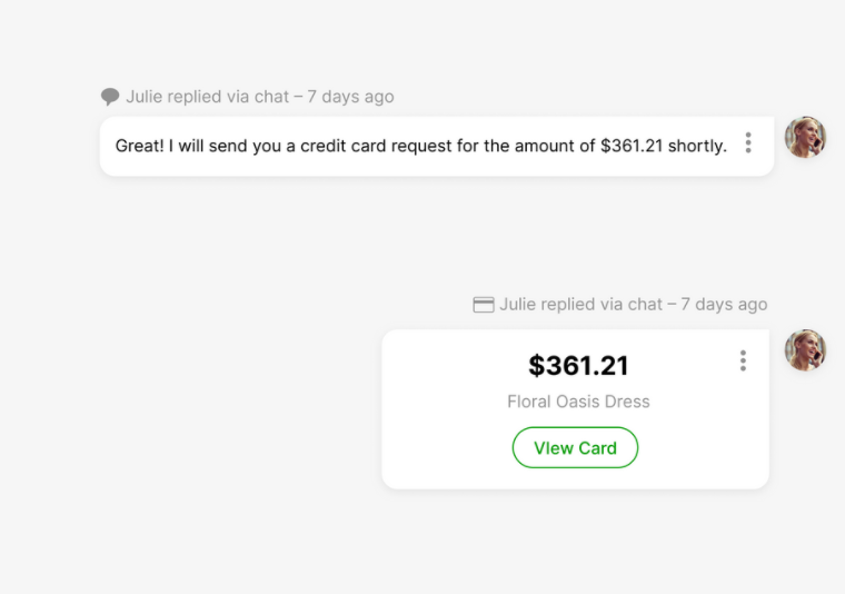 Chat conversation about a credit card request for a Floral Oasis Dress purchase.