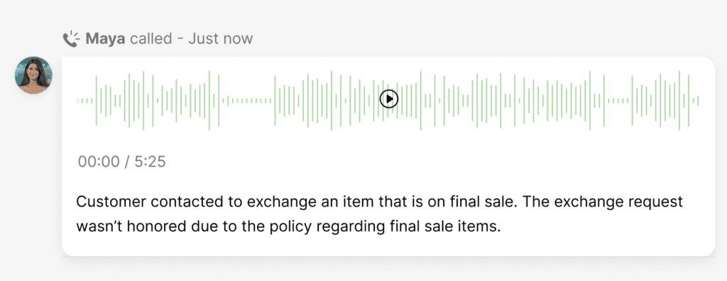 Voice message from Maya discussing a customer's exchange request for a final sale item.