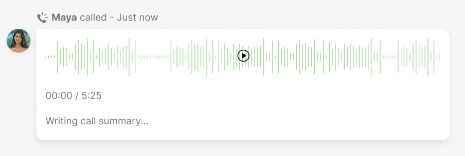 Maya's call summary with audio waveform and playback controls displayed on screen.