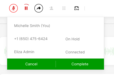 Call interface showing user details, call status, and options to cancel or complete.