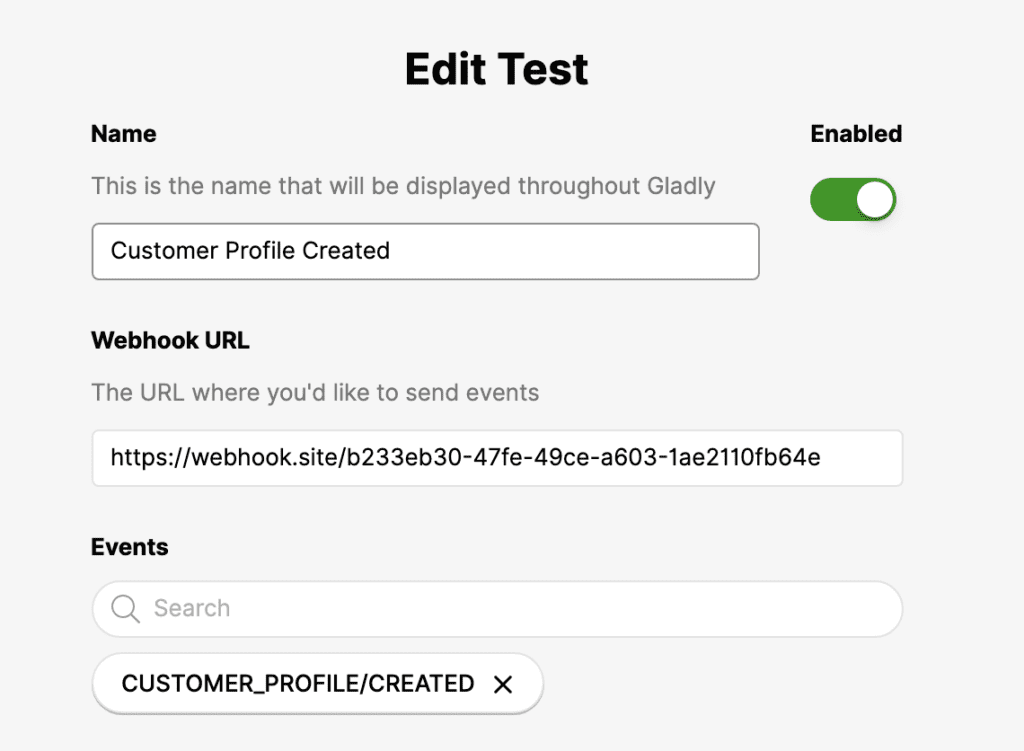 Settings for creating a customer profile with webhook URL and event options displayed.