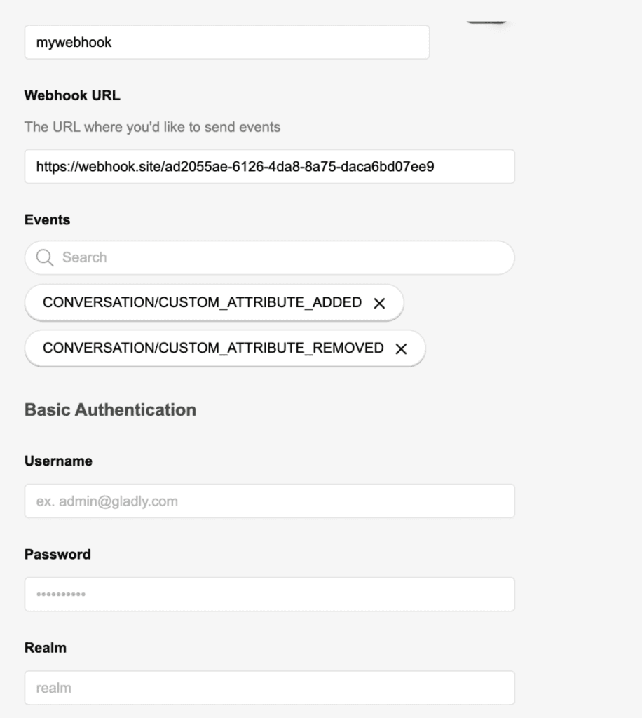 Webhook configuration settings including URL, events, and basic authentication fields.