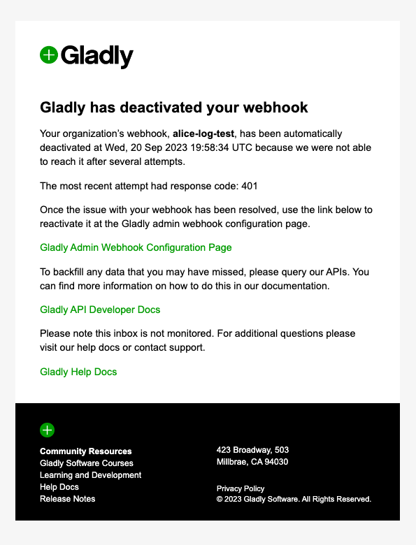 Gladly notification about deactivated webhook and instructions for reactivation and support.