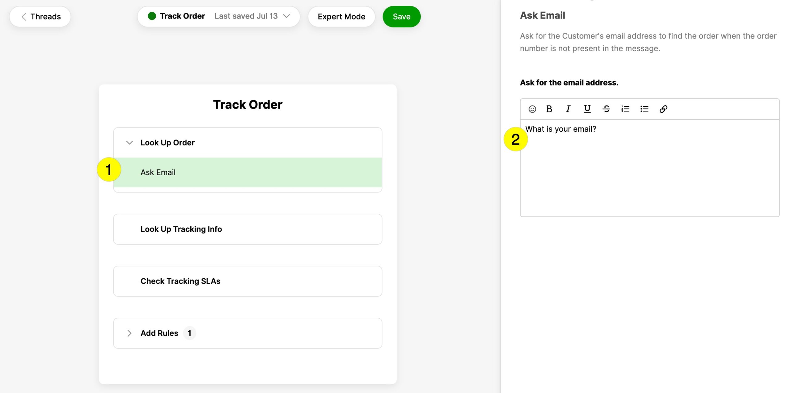 Instructions for tracking an order by asking for the customer's email address.