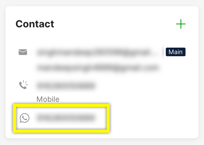 Contact information displayed with a highlighted WhatsApp number for easy access.