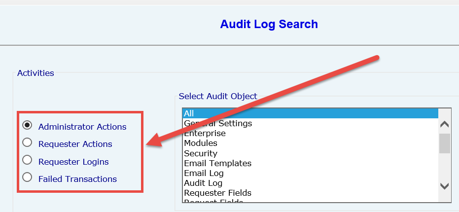 Audit log search interface highlighting administrator actions and audit object selection options.