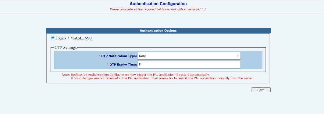 Authentication configuration settings for OTP notification and expiry time options.