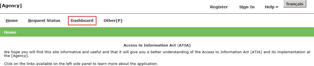 Website dashboard displaying Access to Information Act information and navigation links.