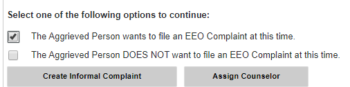 The EEO Contact checkboxes, with The Aggrieved Person wants to file an EEO Complaint at this time checkbox selected.