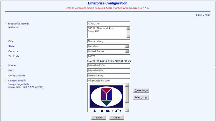 Form for enterprise configuration with required fields and contact information displayed.
