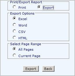 Options for exporting a report in various formats like Excel, Word, and HTML.