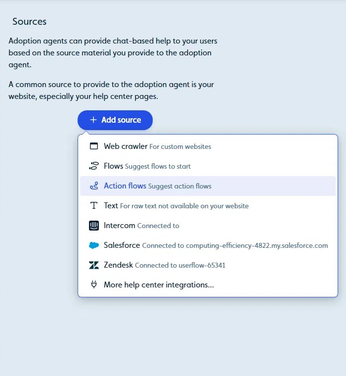 Adoption Agent Add source menu with Action flows selected