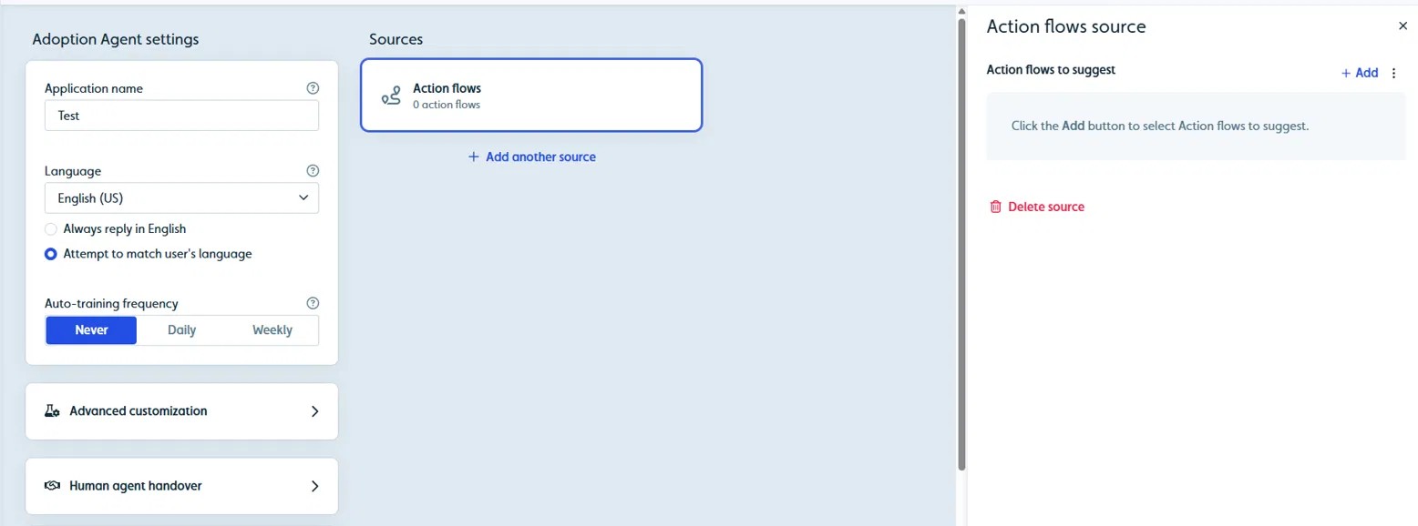 Action flows source panel showing the Action flows to suggest list