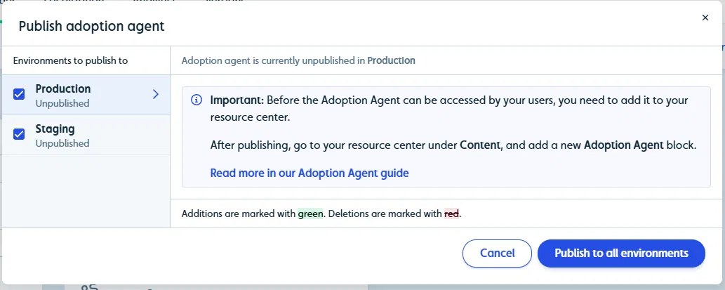 Publish adoption agent dialog with environment selection and Resource Center reminder