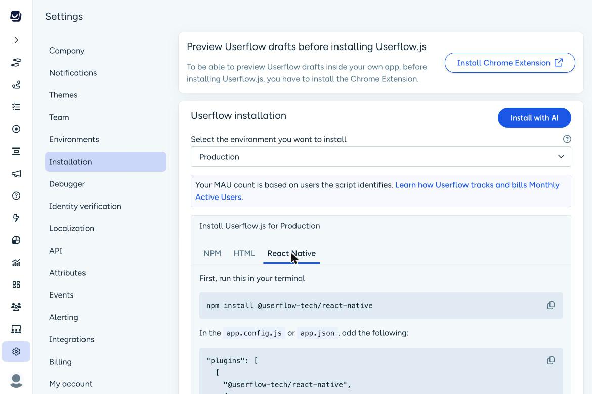 Settings → Installation with the React Native tab selected