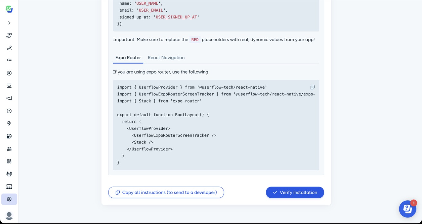 The Verify installation button at the bottom of the React Native installation page