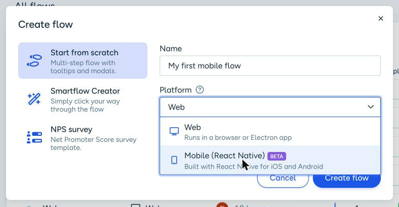 The Platform dropdown, with Mobile (React Native) as an option
