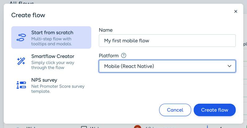 The Create flow dialog with Mobile (React Native) selected