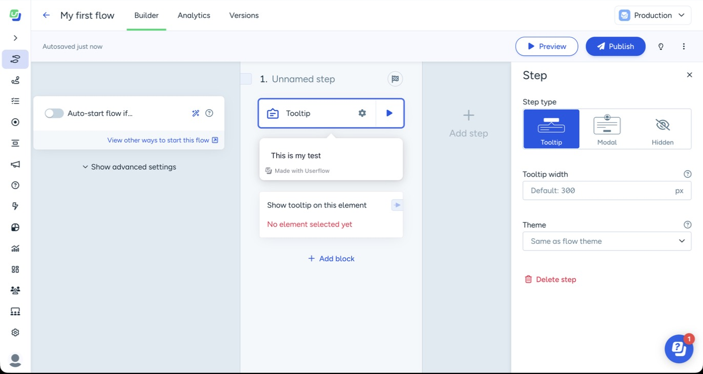 A tooltip step in the builder