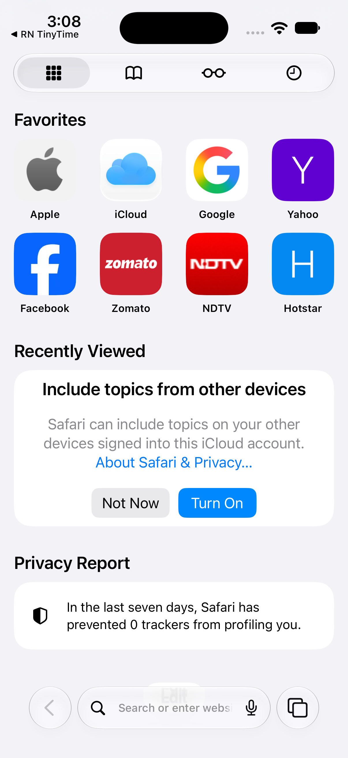 A new tab in Safari on the simulator