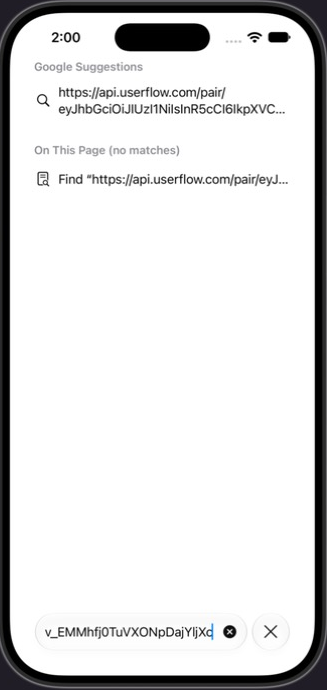 Pasting the pairing link into Safari on the simulator