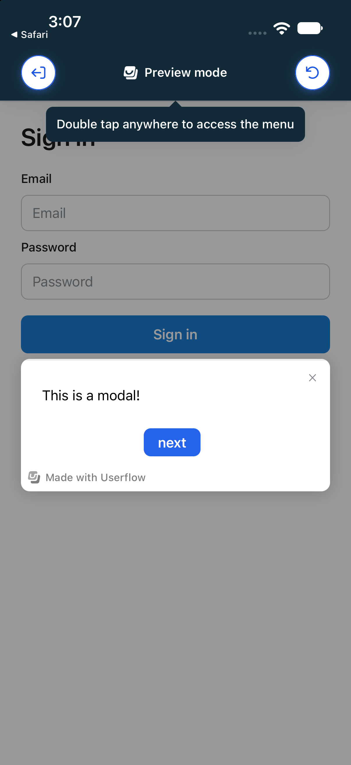 The app in Preview mode on the simulator, with the flow running