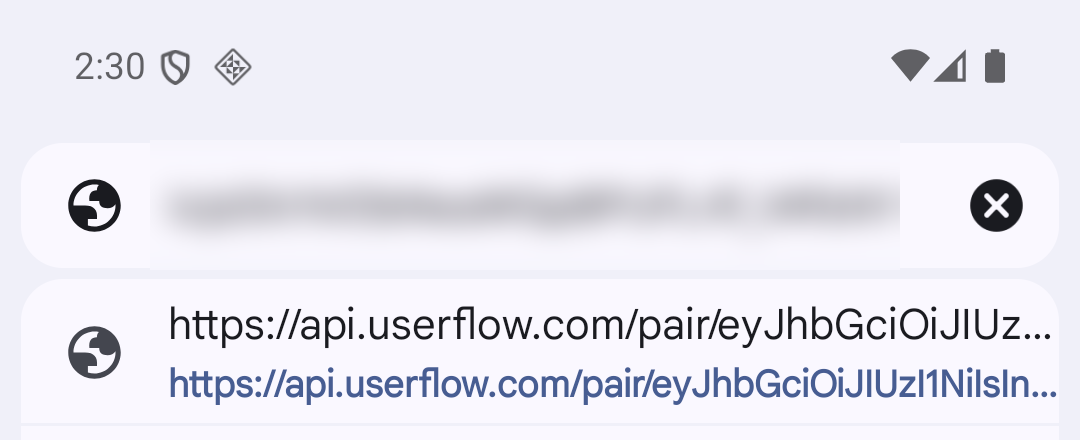 The pairing link in Chrome's address bar on the emulator