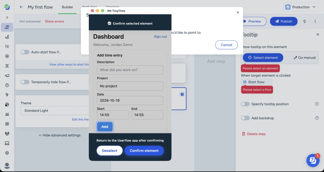 Element selection mode in the app, with the selected button highlighted